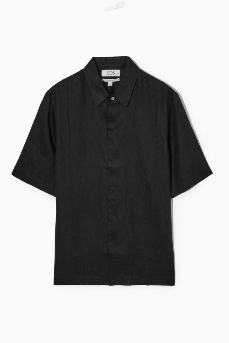 COS Short-Sleeved Linen Shirt Men's Shirts Black | LF39-X3WL