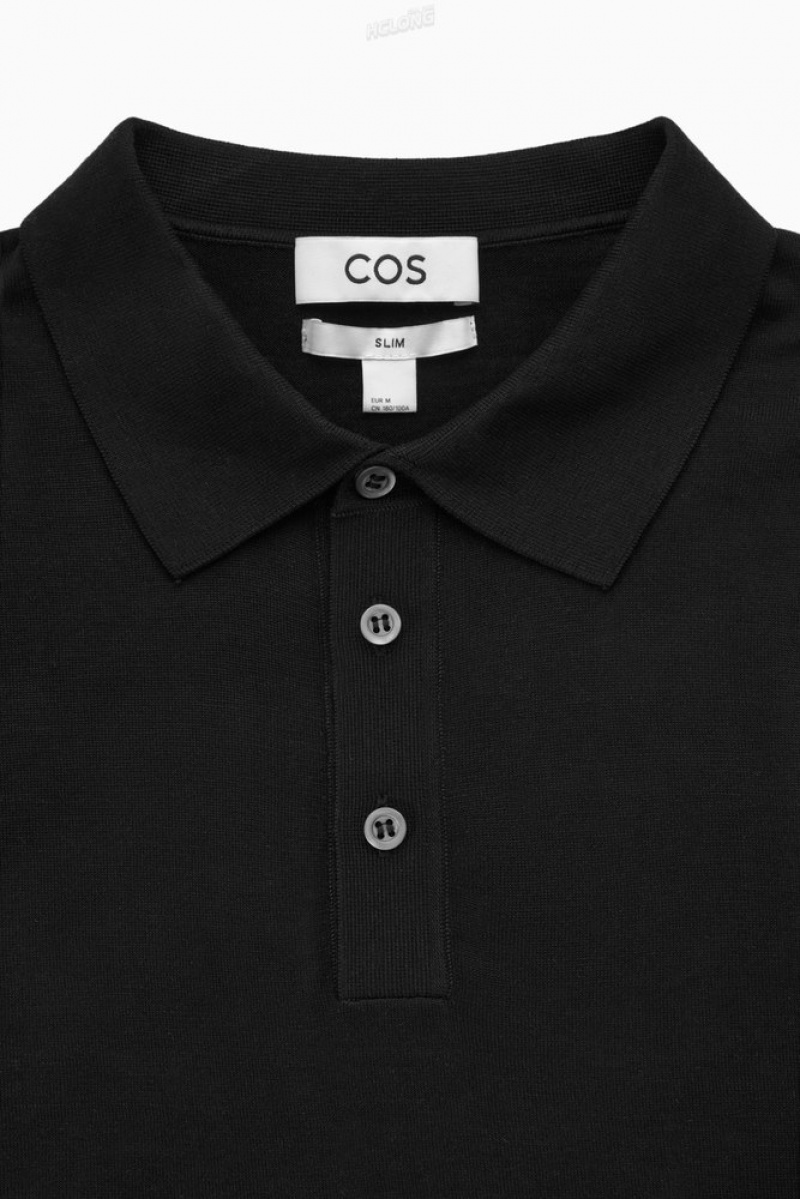 COS Silk-Blend Polo Shirt Men's Knitwear Black | IC81-Q5QW