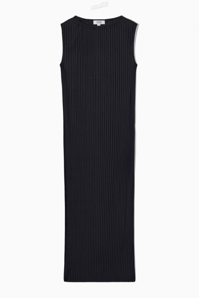 COS Sleeveless Pleated Maxi Dress Women's Dresses Dark Navy | MX33-S1GZ