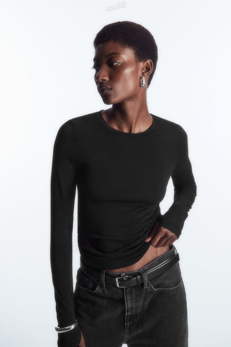 COS Slim-Fit Long-Sleeve Top Women's Tops Black | KM66-H7TU