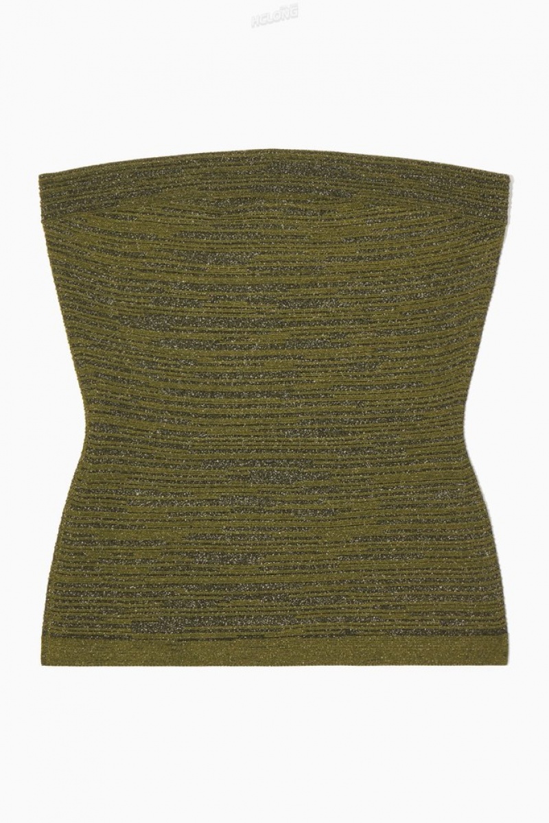 COS Sparkly Textured Bandeau Women's Tops Green | WM73-T8VJ