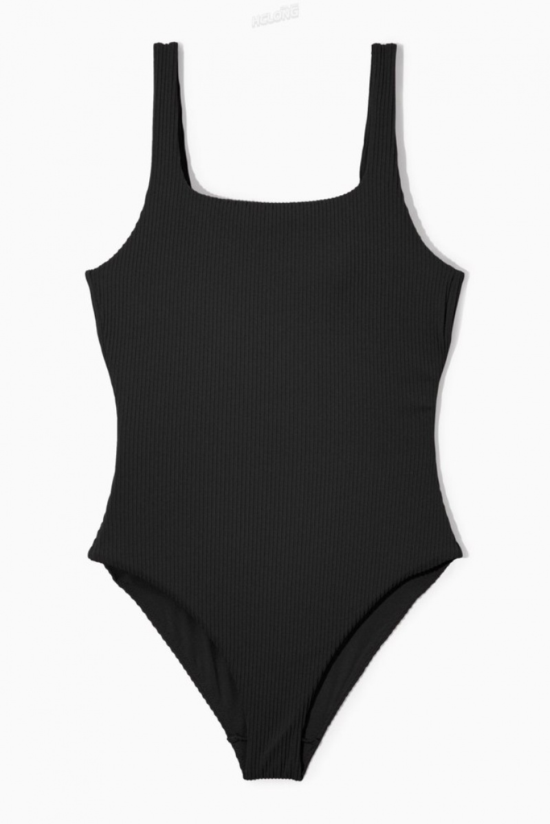 COS Square-Neck Ribbed Swimsuit Women's Swimwear Black | TS92-O4CN