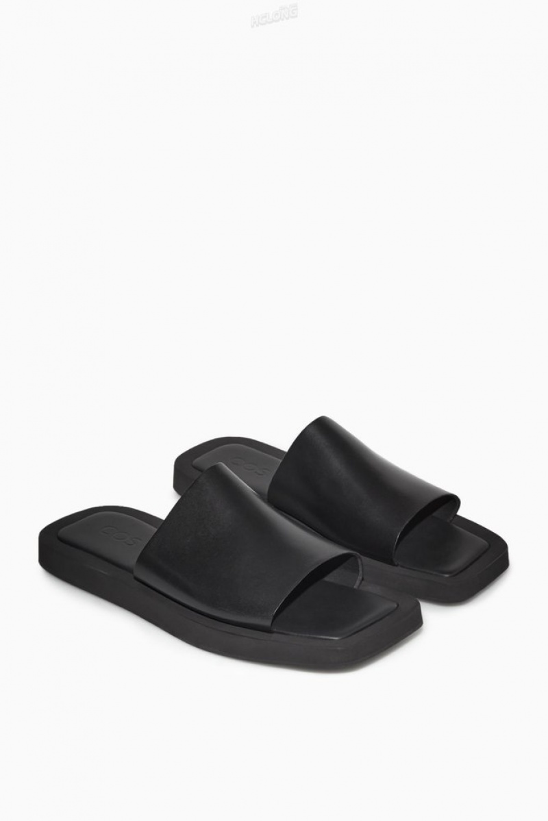 COS Square-Toe Leather Slides Men's Slides Black | DK81-G3LK