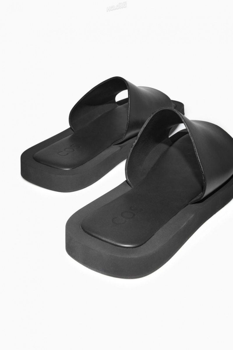 COS Square-Toe Leather Slides Men's Slides Black | DK81-G3LK