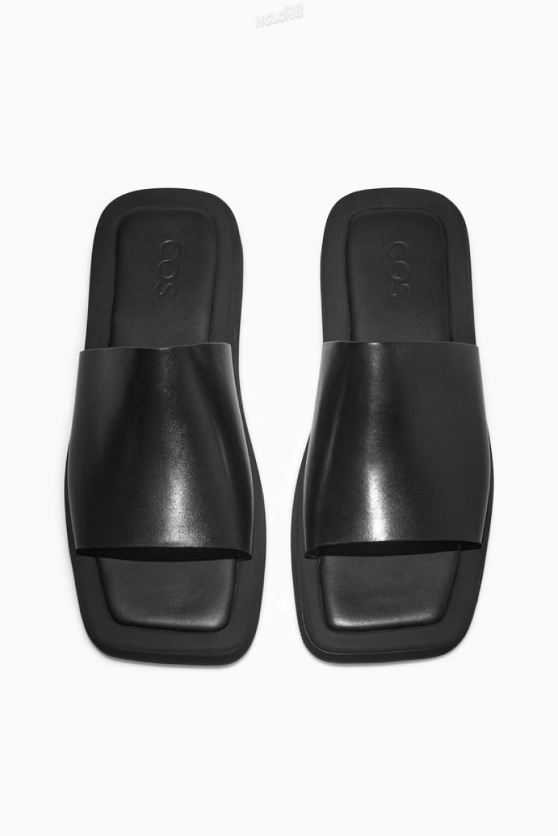 COS Square-Toe Leather Slides Men's Slides Black | DK81-G3LK