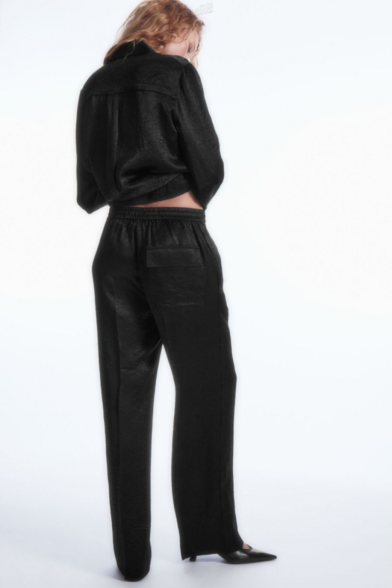 COS Straight-Leg Crinkled-Satin Pants Women's Pants Black | LF38-E3ER