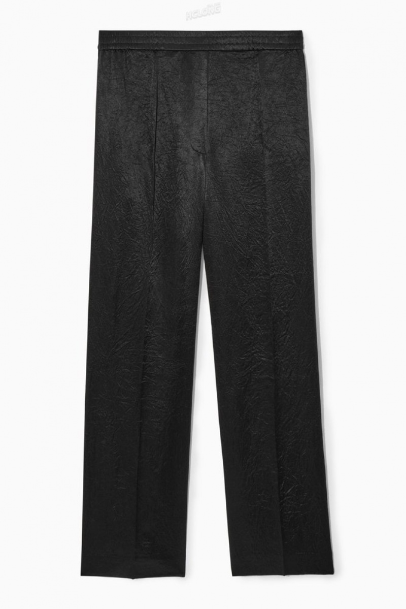 COS Straight-Leg Crinkled-Satin Pants Women's Pants Black | LF38-E3ER