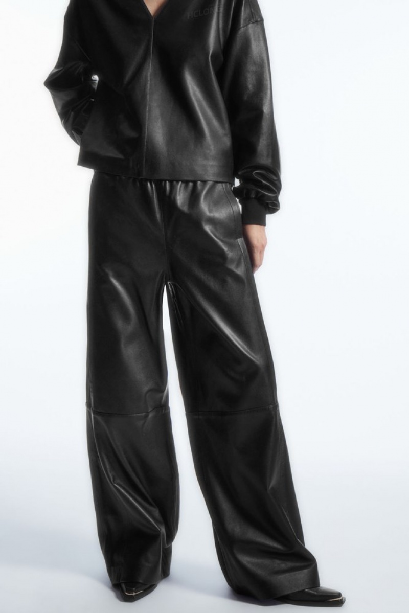 COS Straight-Leg Elasticated Leather Pants Women's Pants Black | FE26-W4VY