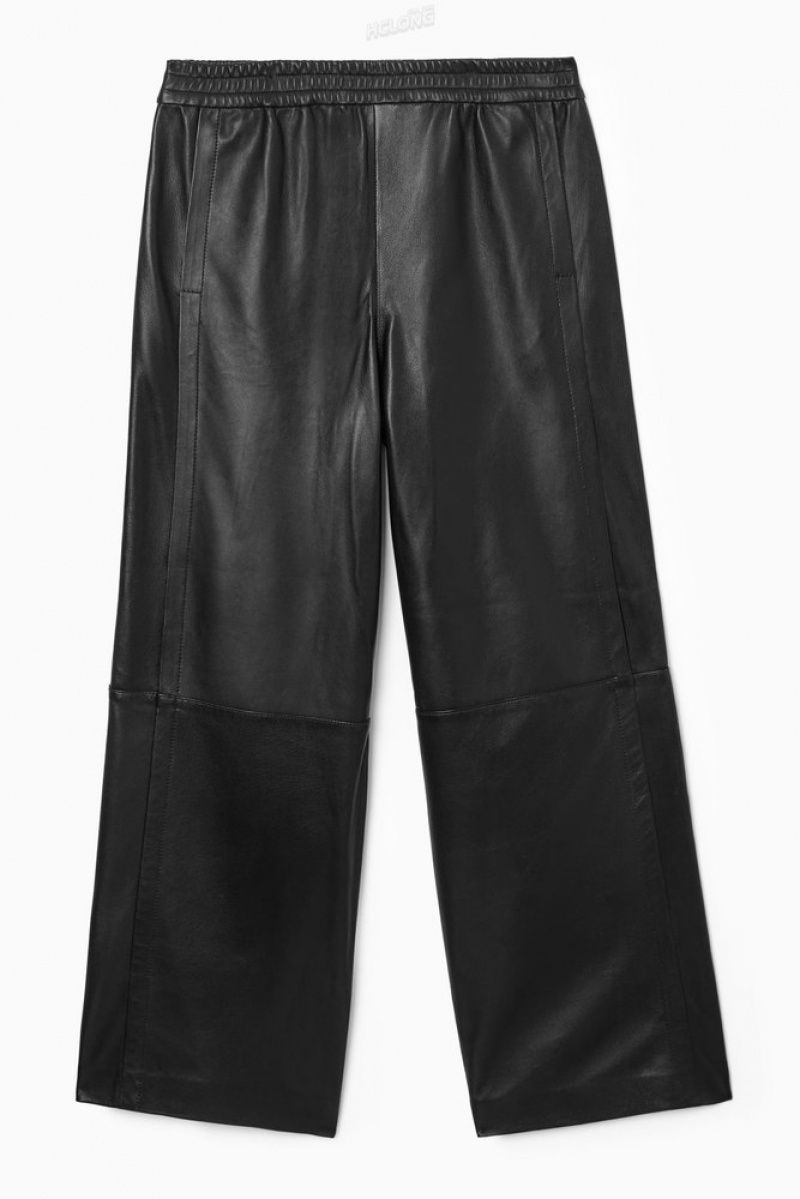 COS Straight-Leg Elasticated Leather Pants Women's Pants Black | FE26-W4VY