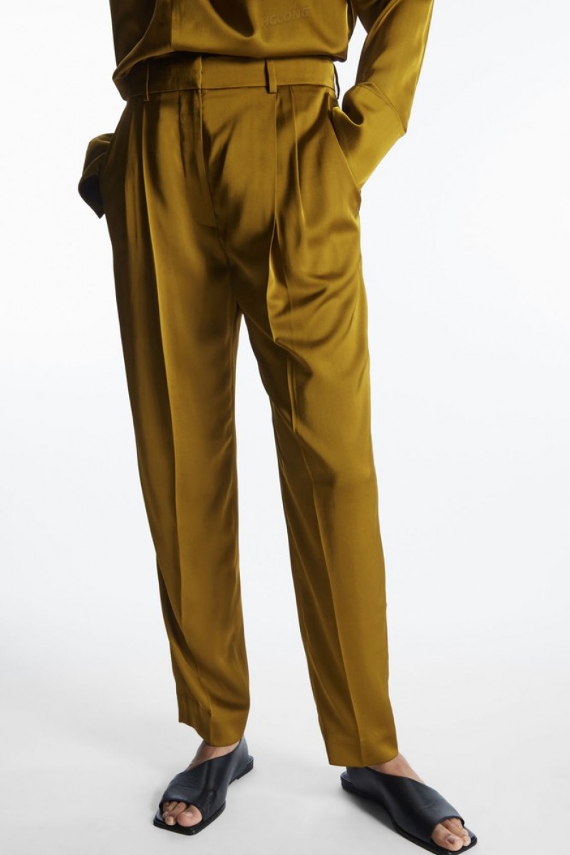 COS Straight-Leg Pleated Satin Pants Women's Pants Brown | YY07-L4XS