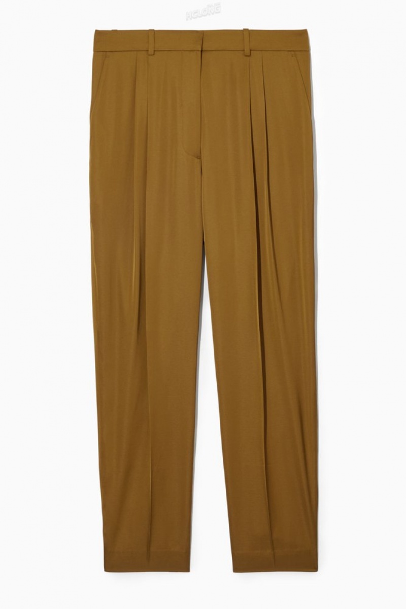 COS Straight-Leg Pleated Satin Pants Women's Pants Brown | YY07-L4XS