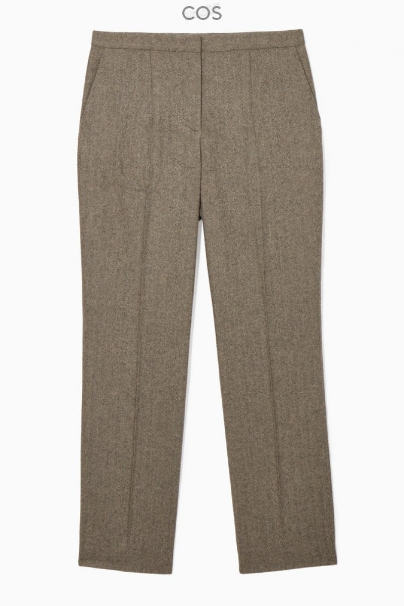 COS Straight-Leg Wool-Herringbone Trousers Women's Trousers Brown / Herringbone | MP91-M1MA