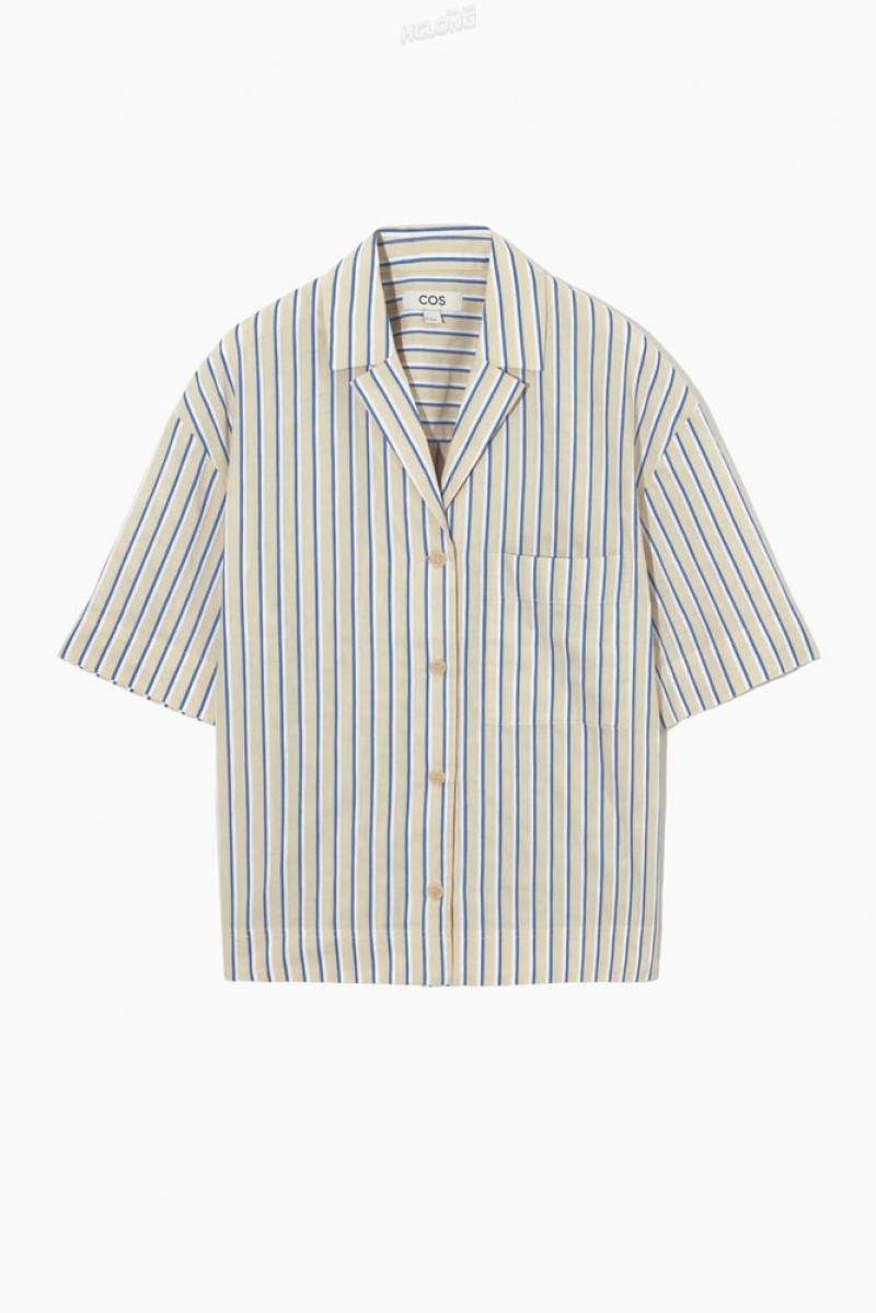 COS Striped Linen-Blend Camp-Collar Shirt Women's Tops Beige / Blue / Striped | NM97-U1YU