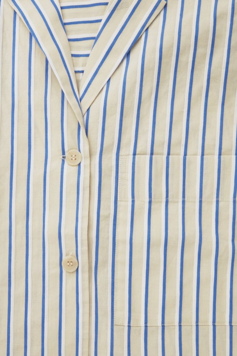 COS Striped Linen-Blend Camp-Collar Shirt Women's Tops Beige / Blue / Striped | NM97-U1YU