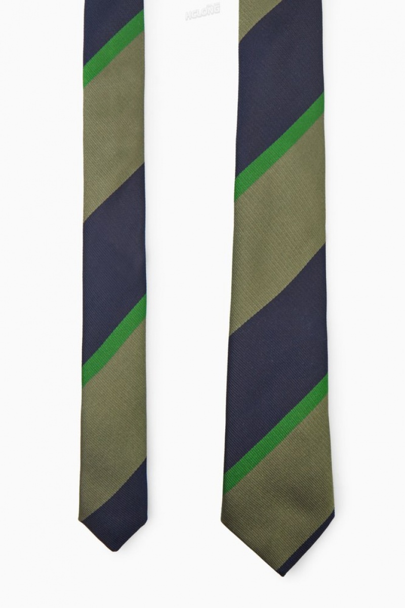 COS Striped Pure Silk Tie Men's Ties Navy / Blue / Striped | XF03-G3QB