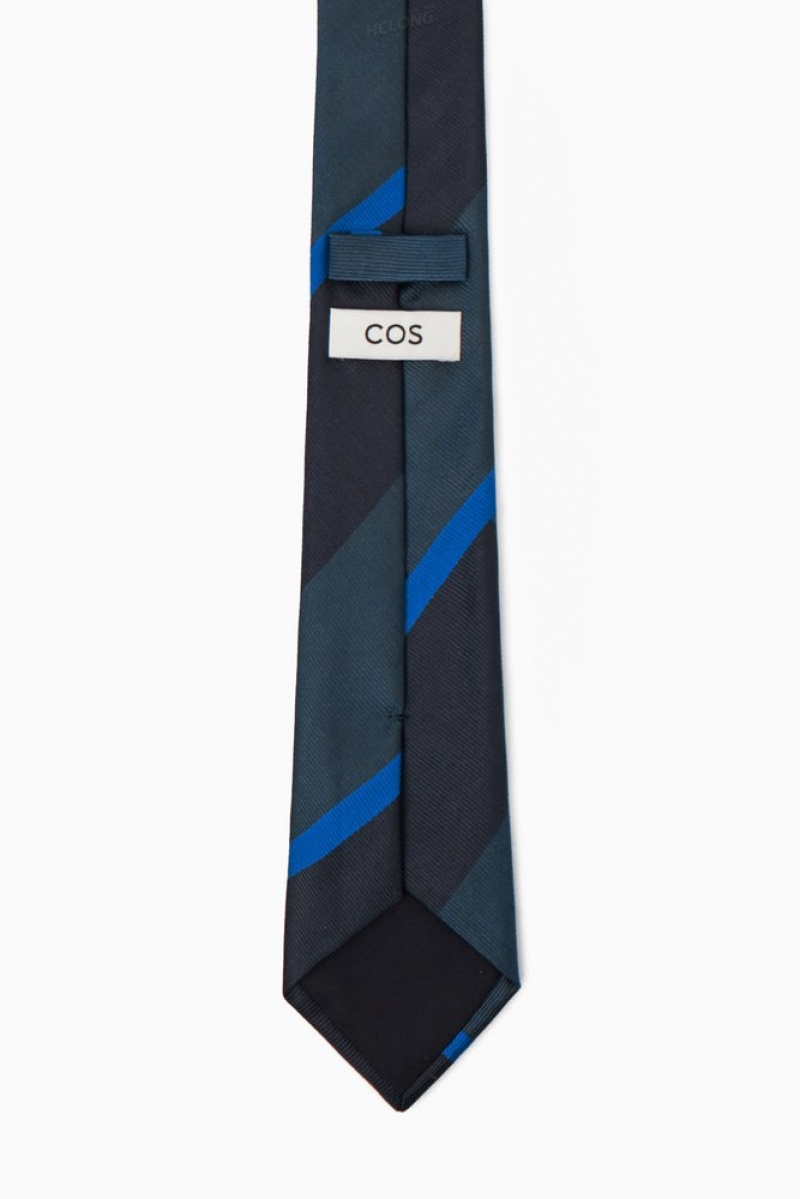 COS Striped Pure Silk Tie Men's Ties Navy / Blue / Striped | HN90-F0ZR