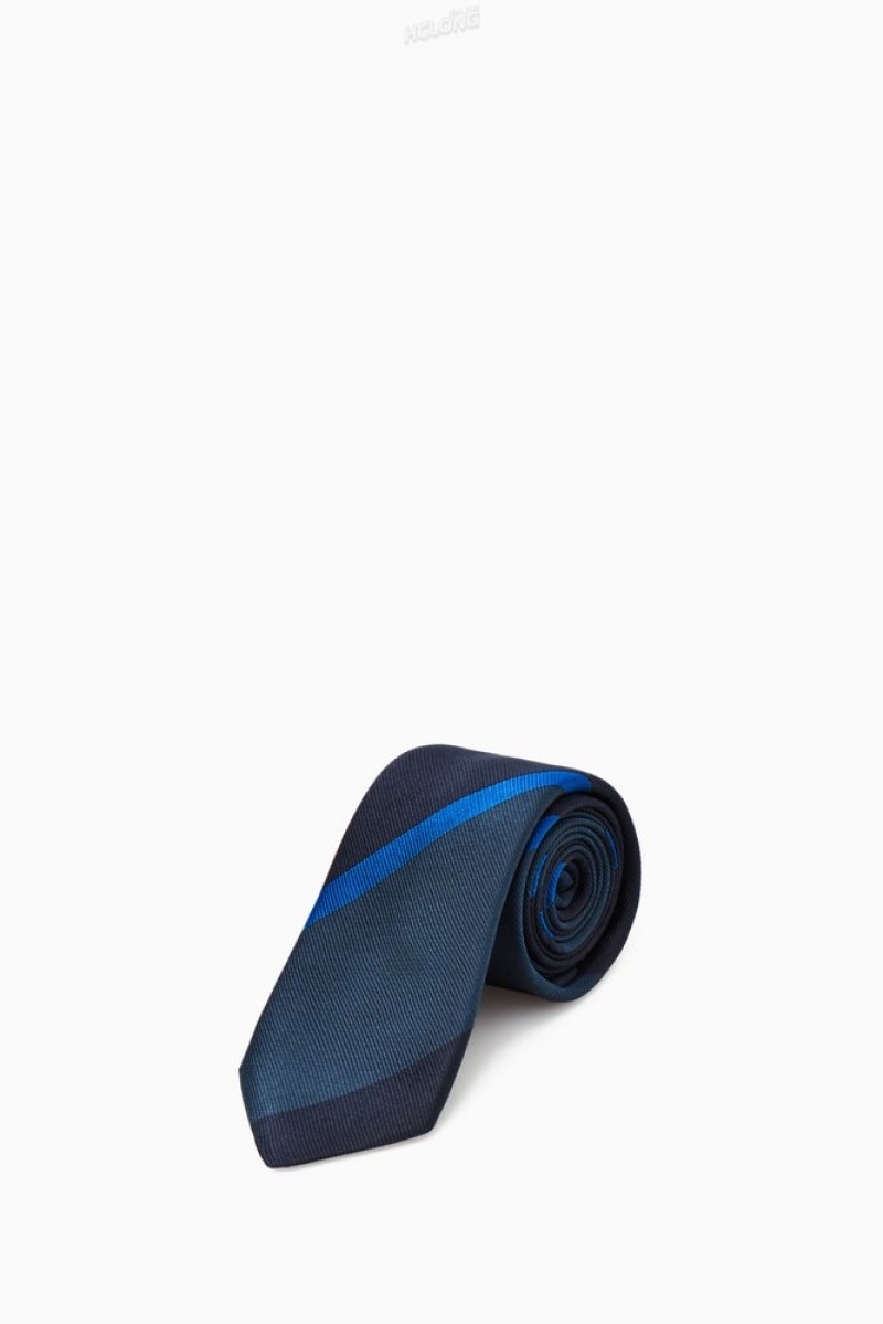 COS Striped Pure Silk Tie Men's Ties Navy / Blue / Striped | AZ62-G8OF