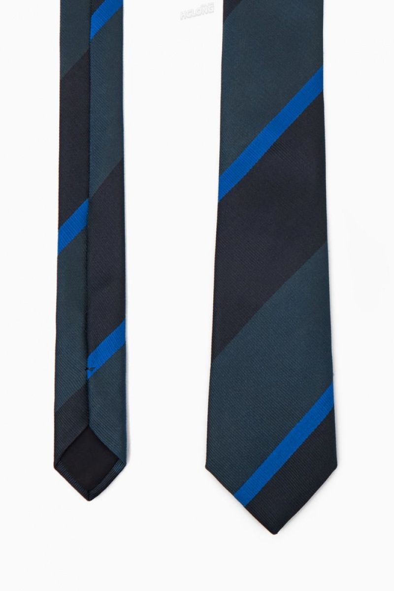 COS Striped Pure Silk Tie Men's Ties Navy / Blue / Striped | AZ62-G8OF