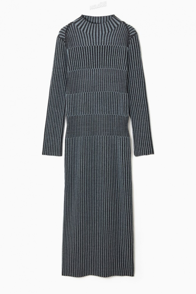 COS Striped Ribbed-Knit Midi Dress Women's Dresses Blue | WX60-D1HV