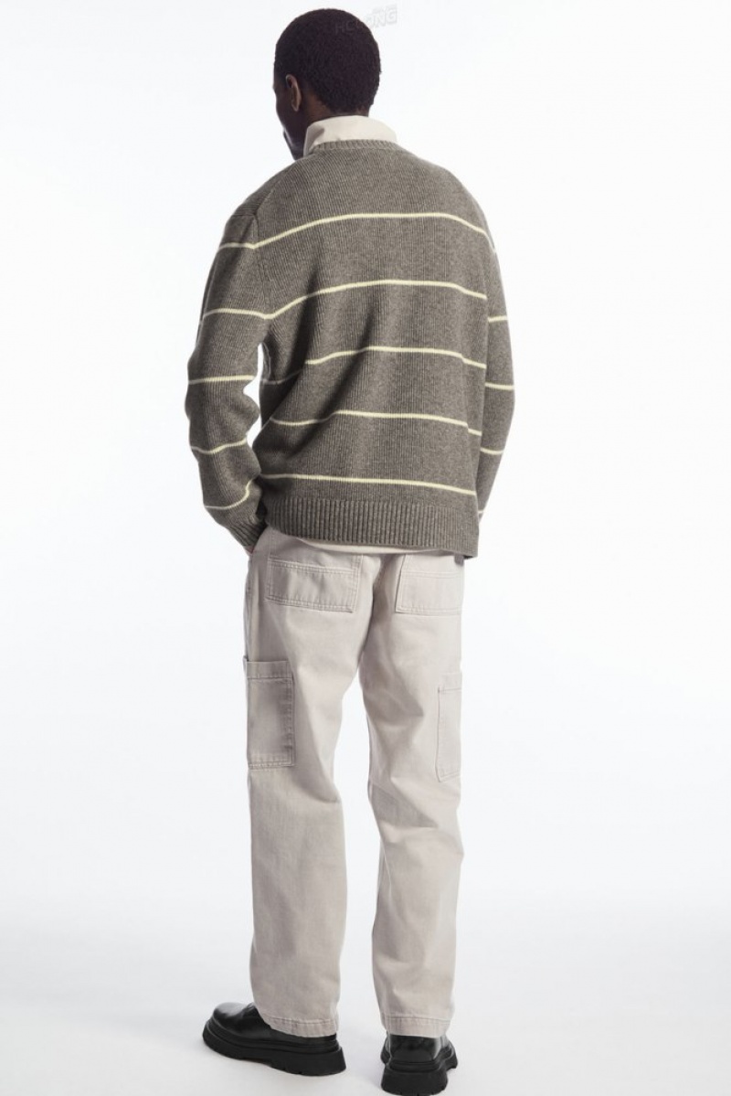 COS Striped Wool And Yak-Blend Jumper Men's Knitwear Dark Beige / Striped | VV01-N0DX