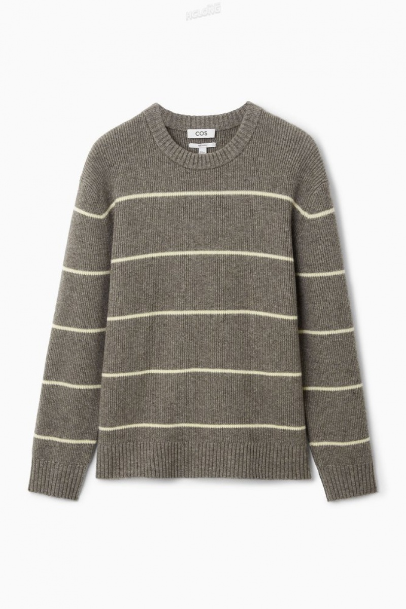 COS Striped Wool And Yak-Blend Jumper Men's Knitwear Dark Beige / Striped | VV01-N0DX