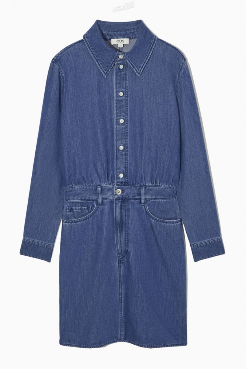 COS Structured Denim Shirt Dress Women\'s Dresses Washed Blue | QD52-X2JY