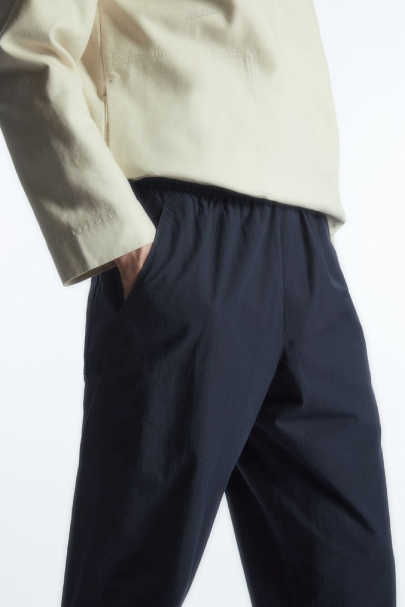 COS Tapered Poplin Pull-On Trousers Men's Pants Navy | QE19-Q7FN