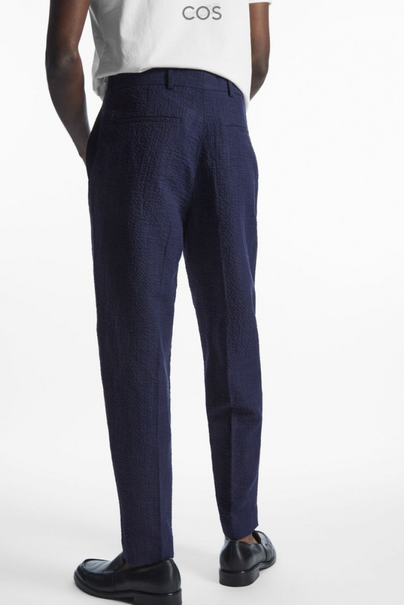 COS Tapered Textured-Seersucker Trousers Men's Trousers Navy / Checked | UU43-E2OZ