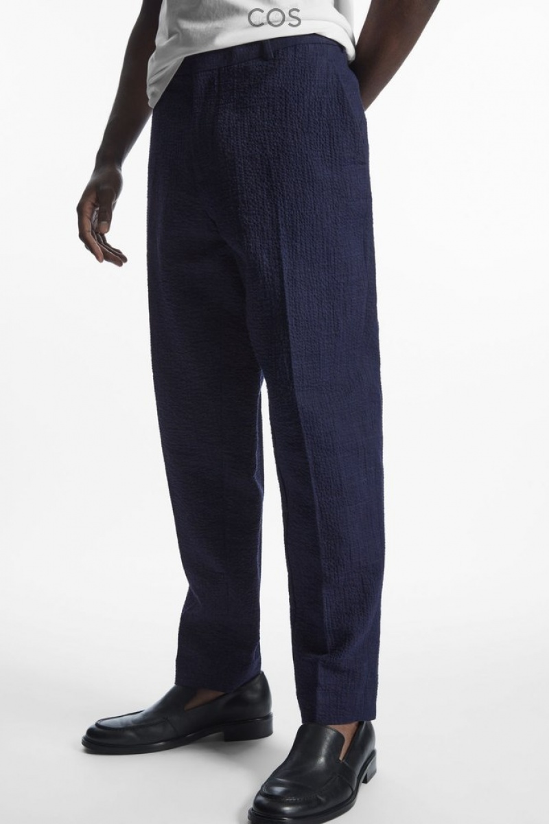 COS Tapered Textured-Seersucker Trousers Men's Trousers Navy / Checked | UU43-E2OZ