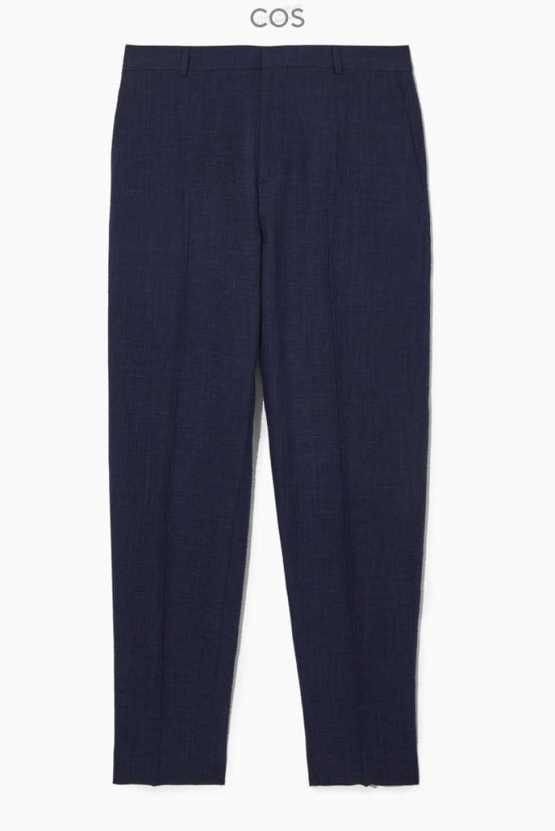 COS Tapered Textured-Seersucker Trousers Men's Trousers Navy / Checked | UU43-E2OZ