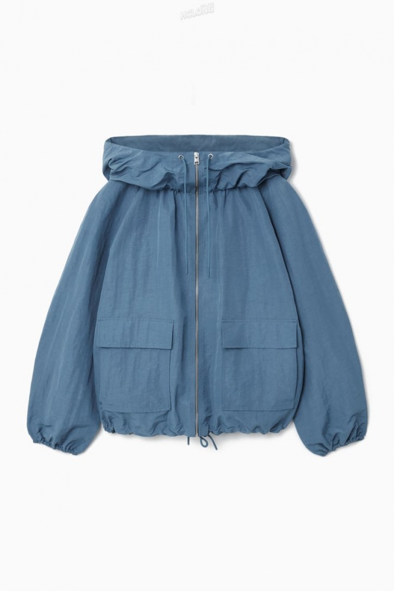 COS Technical Linen-Blend Hooded Jacket Women's Coats & Jackets Blue | NL03-Y0XK