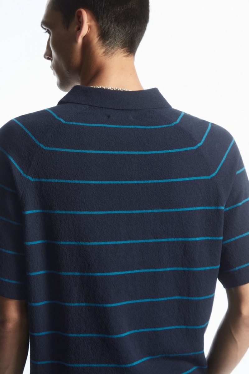 COS Textured-Knit Striped Polo Shirt Men's Shirts White / Striped | TP81-Q6WB