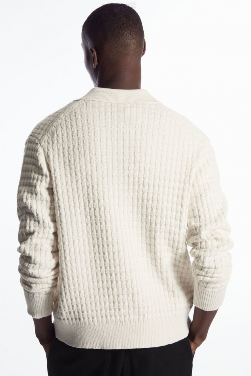 COS Textured Knitted Cardigan Men's Knitwear Cream | MW97-V1BA