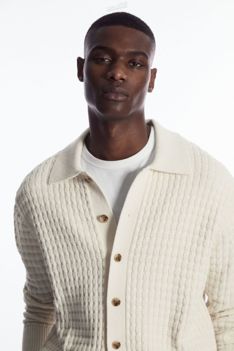 COS Textured Knitted Cardigan Men's Knitwear Cream | MW97-V1BA