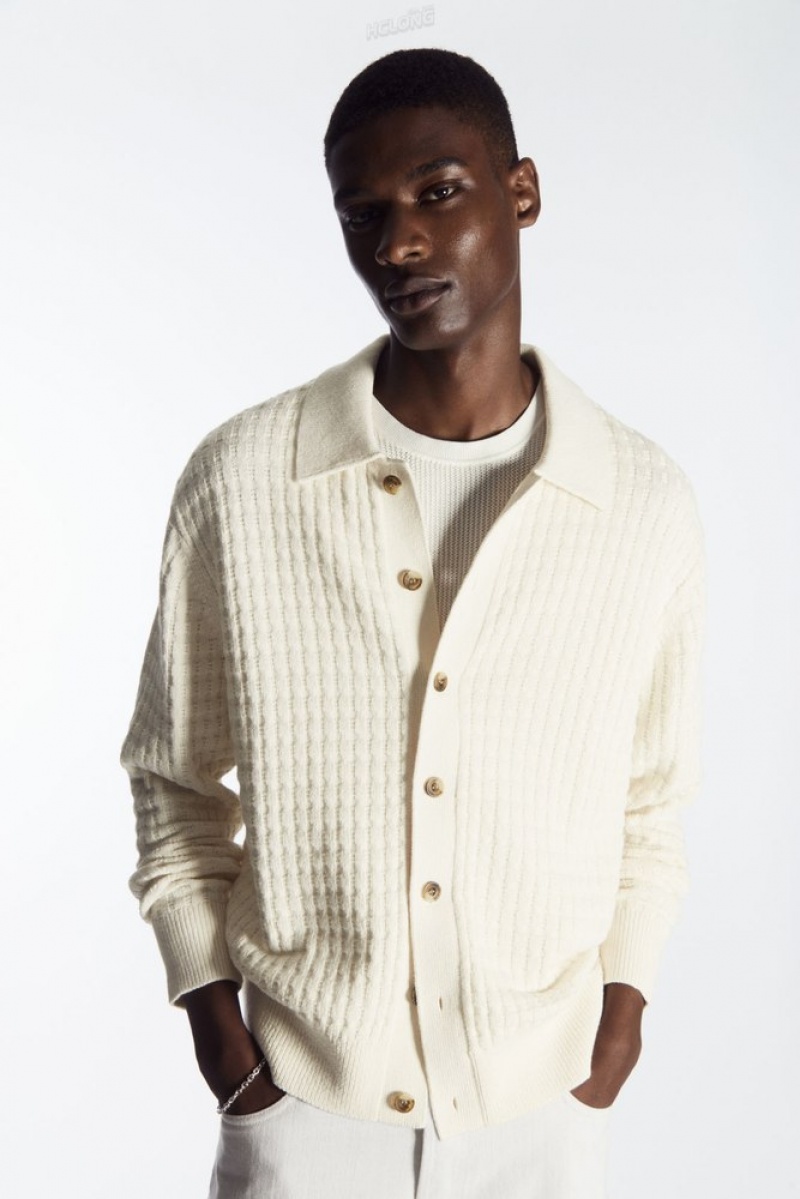 COS Textured Knitted Cardigan Men's Knitwear Cream | MW97-V1BA