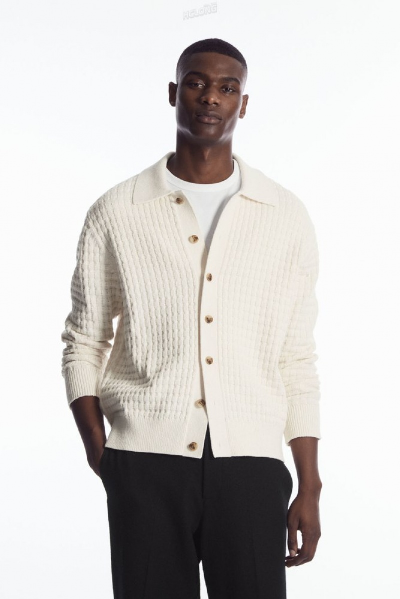 COS Textured Knitted Cardigan Men's Knitwear Cream | MW97-V1BA