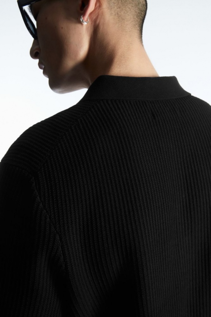 COS Textured Knitted Polo Shirt Men's Sweaters & Cardigans Black | DK65-I1VQ