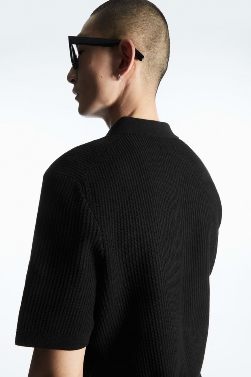 COS Textured Knitted Polo Shirt Men's Sweaters & Cardigans Black | DK65-I1VQ