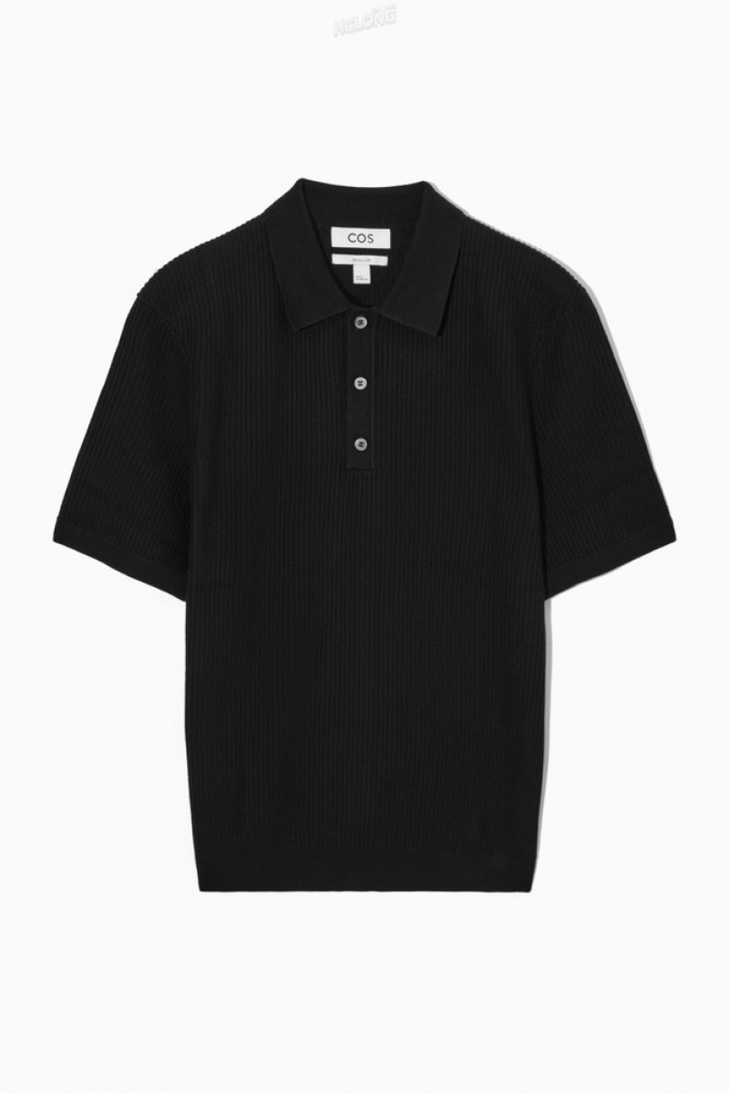 COS Textured Knitted Polo Shirt Men's Sweaters & Cardigans Black | DK65-I1VQ