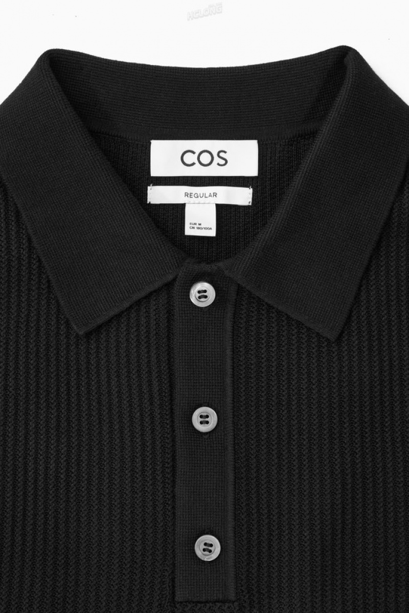 COS Textured Knitted Polo Shirt Men's Sweaters & Cardigans Black | DK65-I1VQ