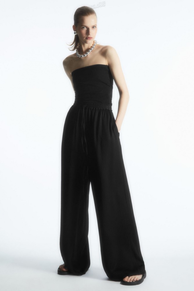 COS Textured Wide-Leg Drawstring Trousers Women's Pants Black | TE62-C9KW