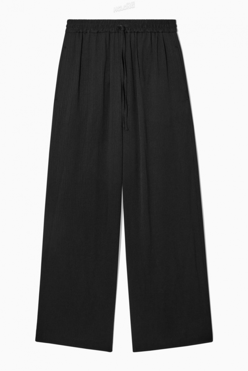 COS Textured Wide-Leg Drawstring Trousers Women's Pants Black | TE62-C9KW