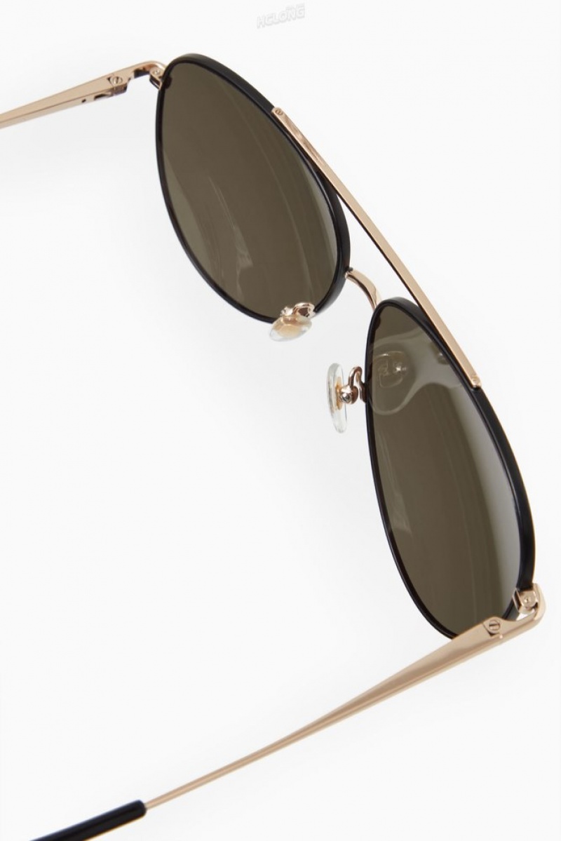 COS The Aviator Metal Sunglasses Women's Sunglasses Gold / Black | XN62-Z4RM