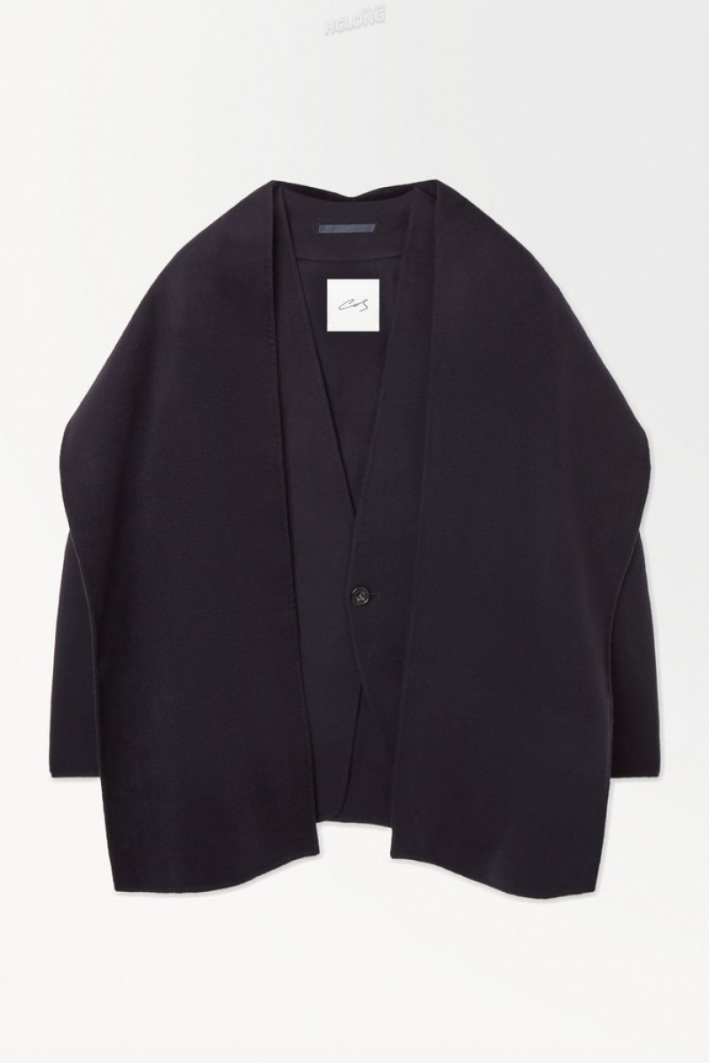 COS The Collarless Wool Scarf Jacket Men's Coats & Jackets Navy | KT21-Z9UF