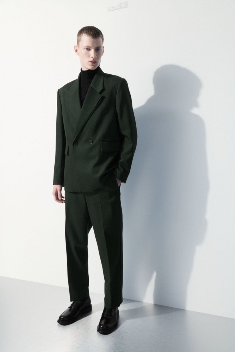 COS The Double-Breasted Wool Tuxedo Jacket Men's Coats & Jackets Dark Green | BE92-P6SQ