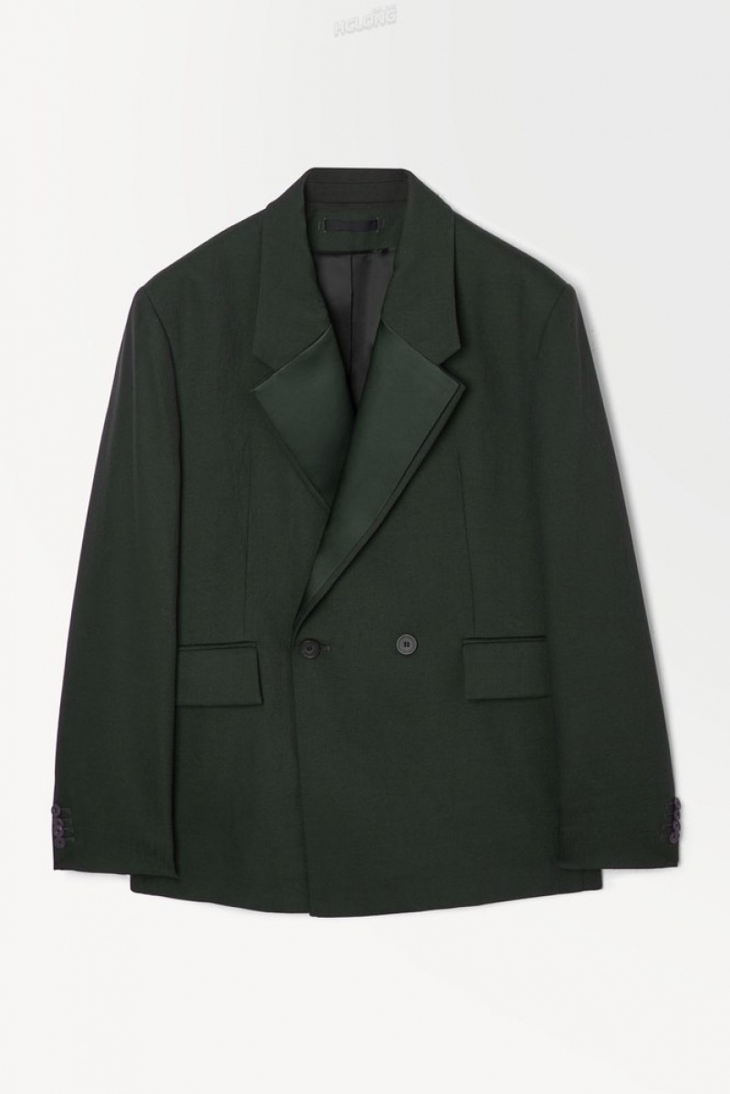 COS The Double-Breasted Wool Tuxedo Jacket Men's Coats & Jackets Dark Green | BE92-P6SQ