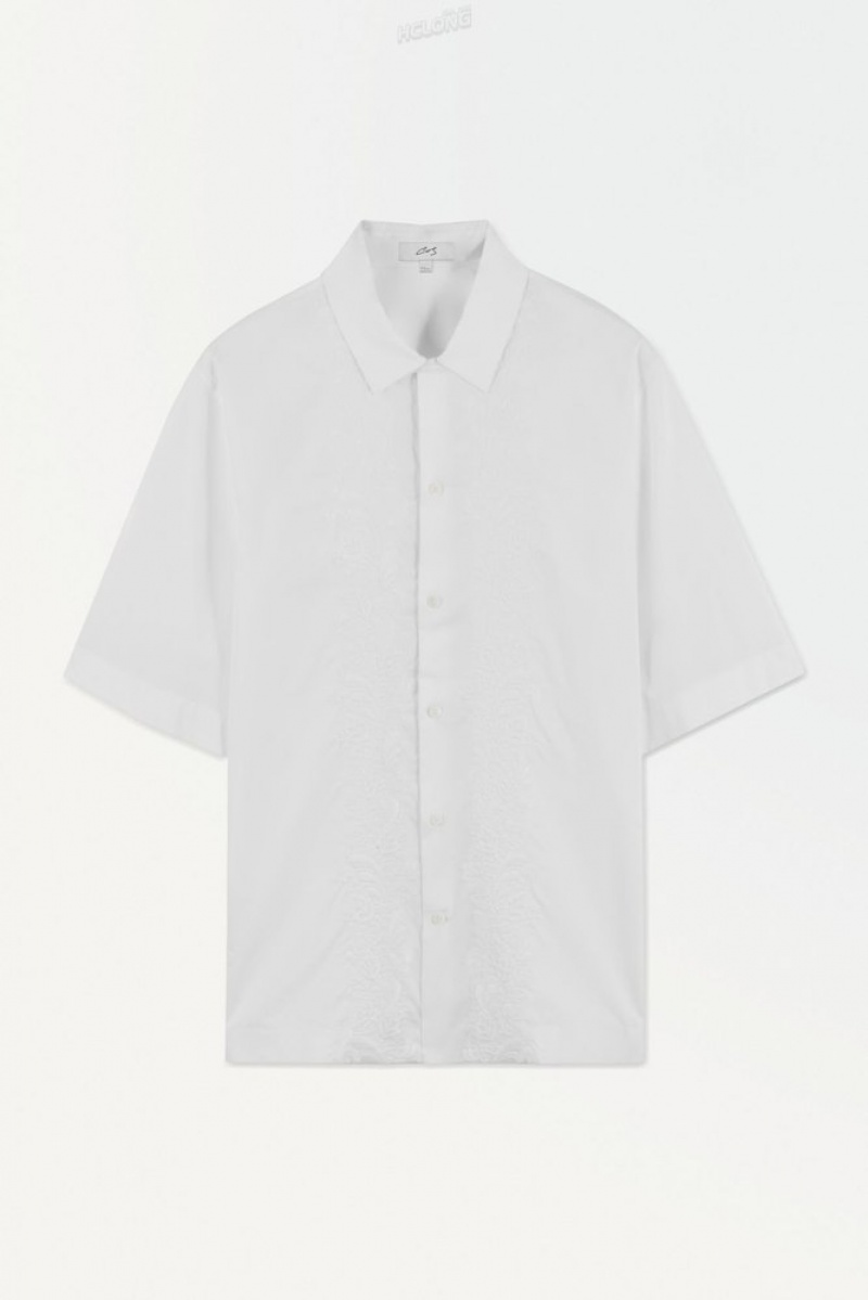 COS The Embroidered Short-Sleeved Shirt Men's Shirts White | TU44-G2CJ