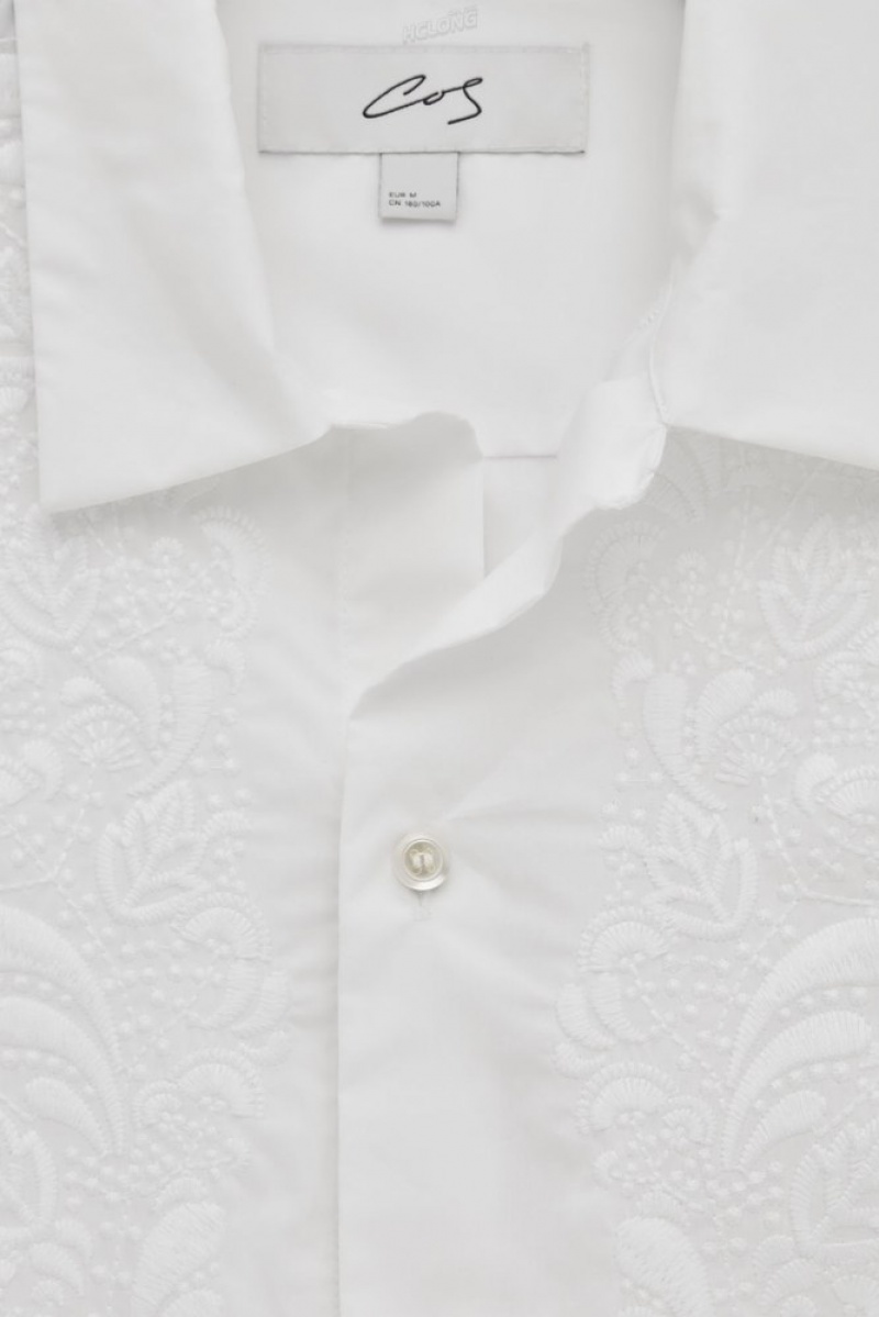 COS The Embroidered Short-Sleeved Shirt Men's Shirts White | TU44-G2CJ