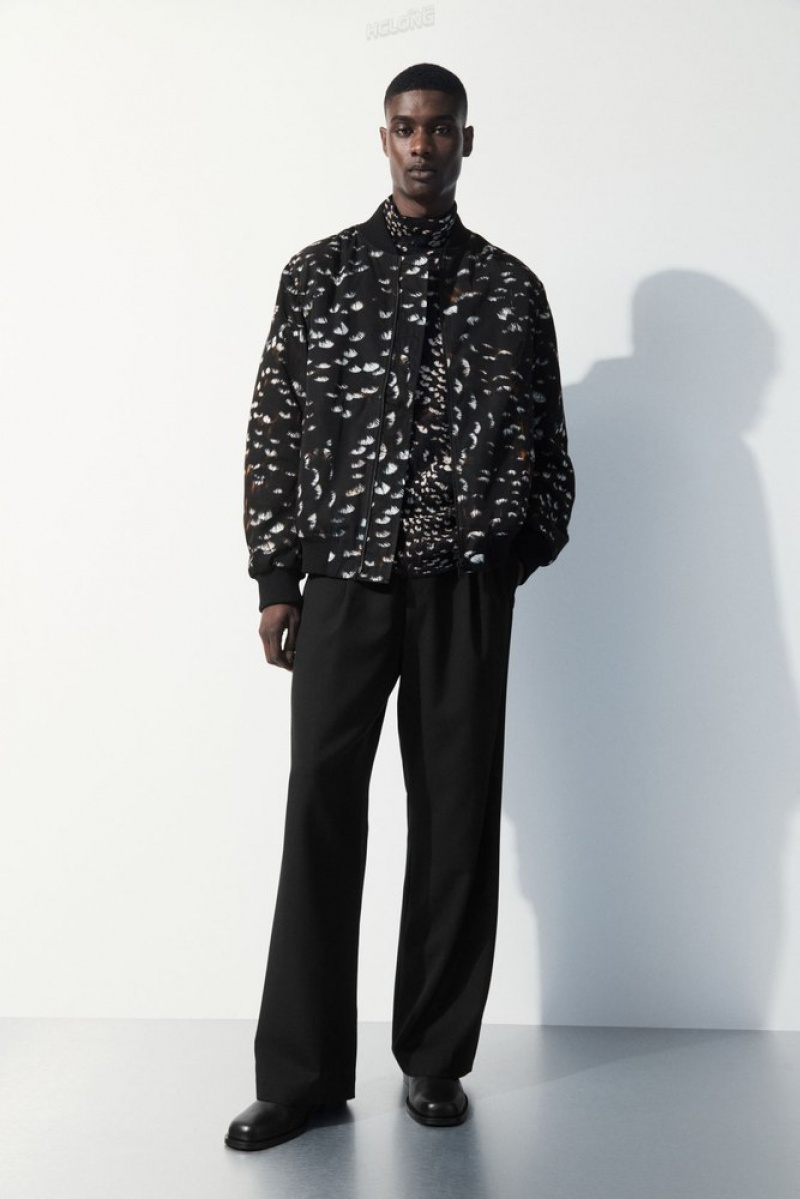 COS The Feather-Print Bomber Jacket Men's Coats & Jackets Black / Feather Print | YP87-H3WA