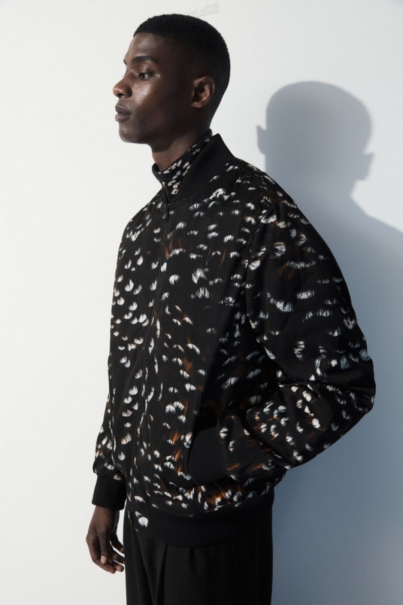 COS The Feather-Print Bomber Jacket Men's Coats & Jackets Black / Feather Print | YP87-H3WA